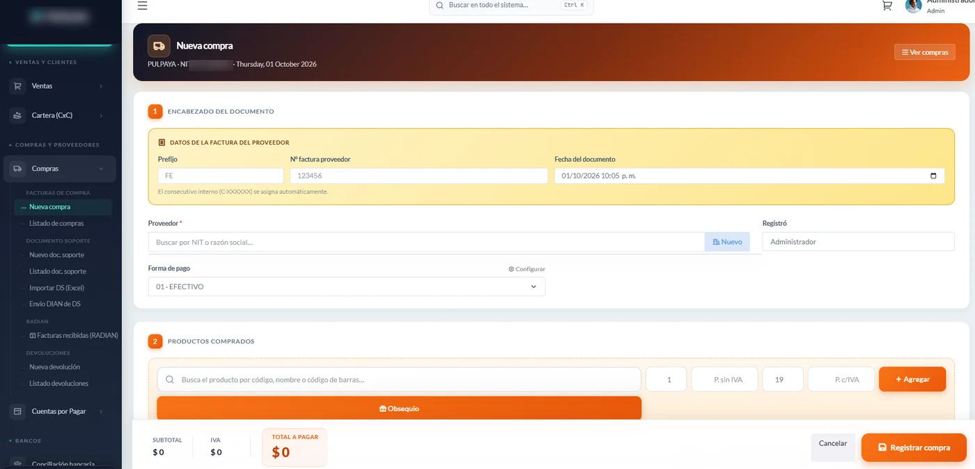 Pantalla de registro de una nueva compra con los datos de la factura del proveedor y los productos comprados