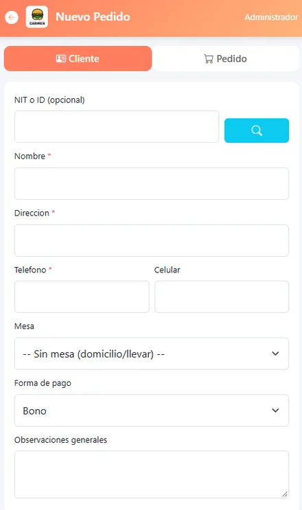 Formulario de datos del pedido en la vista móvil, con mesa, forma de pago y observaciones