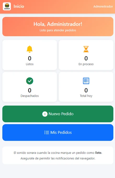 Pantalla de inicio de la vista móvil con los contadores de pedidos listos, en proceso y despachados