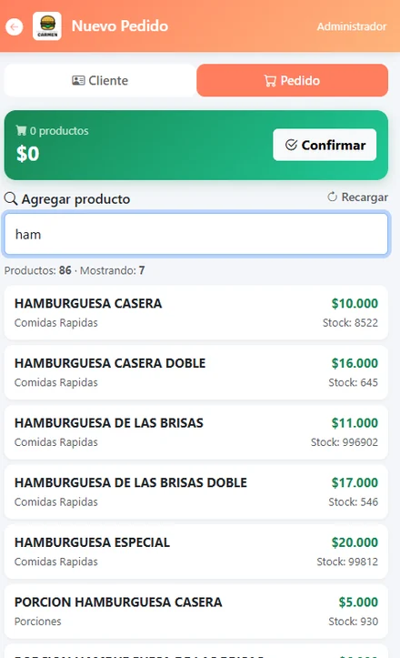 Búsqueda de productos en la vista móvil, mostrando las hamburguesas con precio y existencias