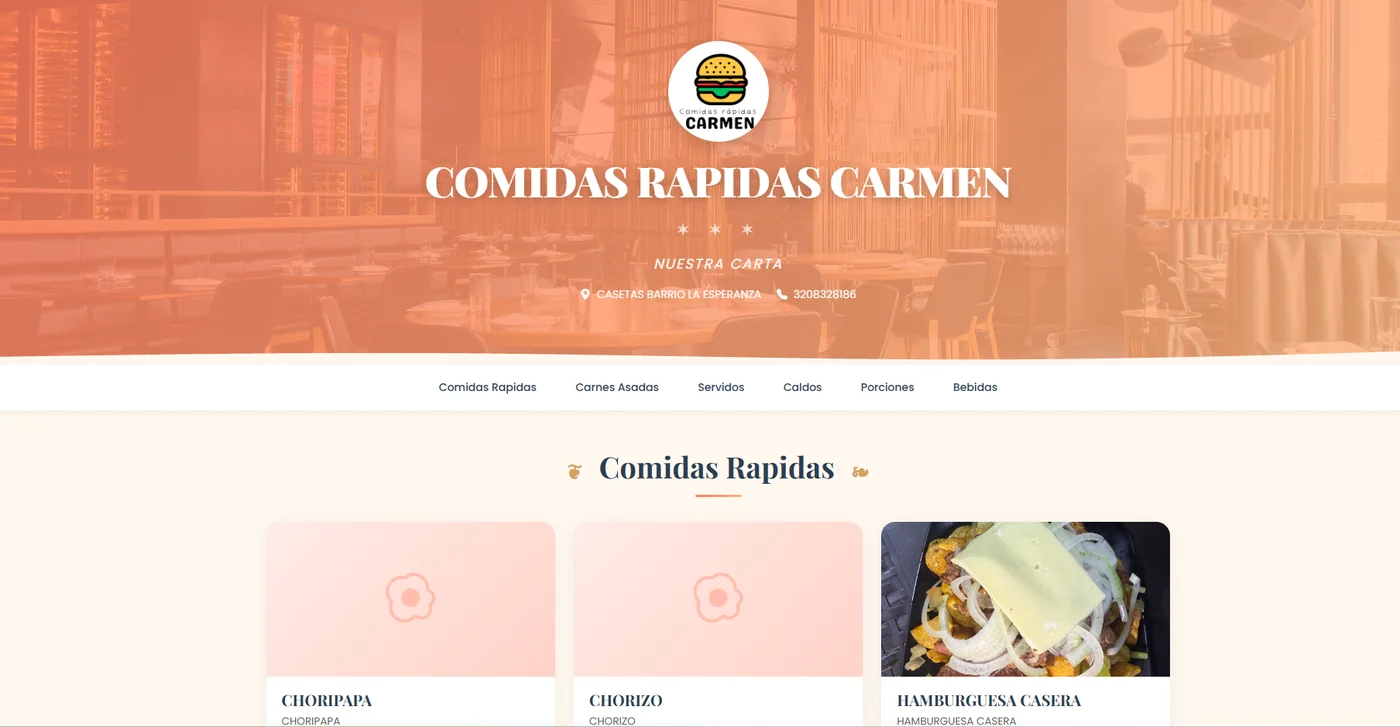 Carta pública en línea del restaurante, con las categorías y las fotos de los platos