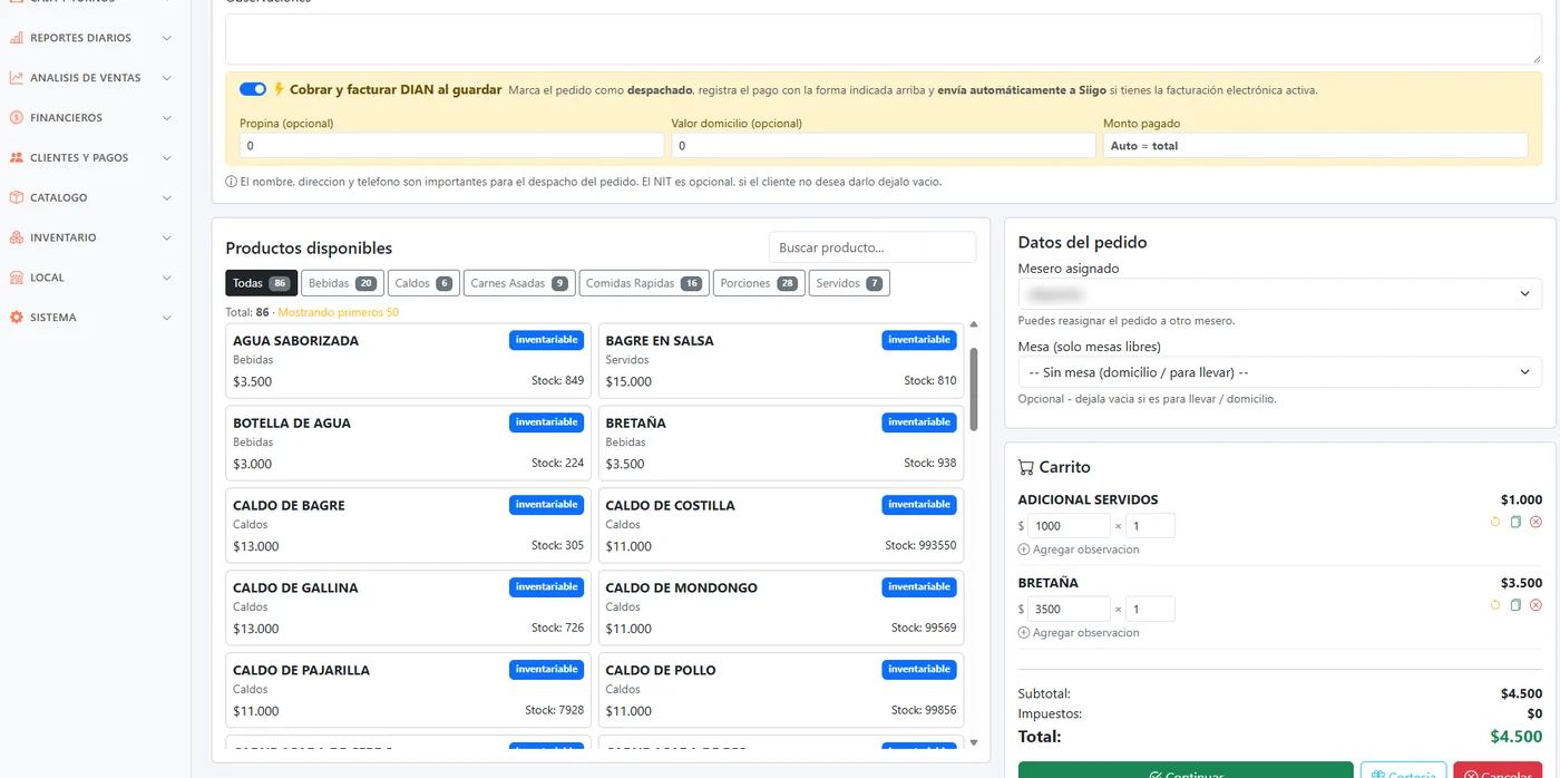 Pantalla de nuevo pedido con el catálogo de productos, el carrito y los datos del pedido